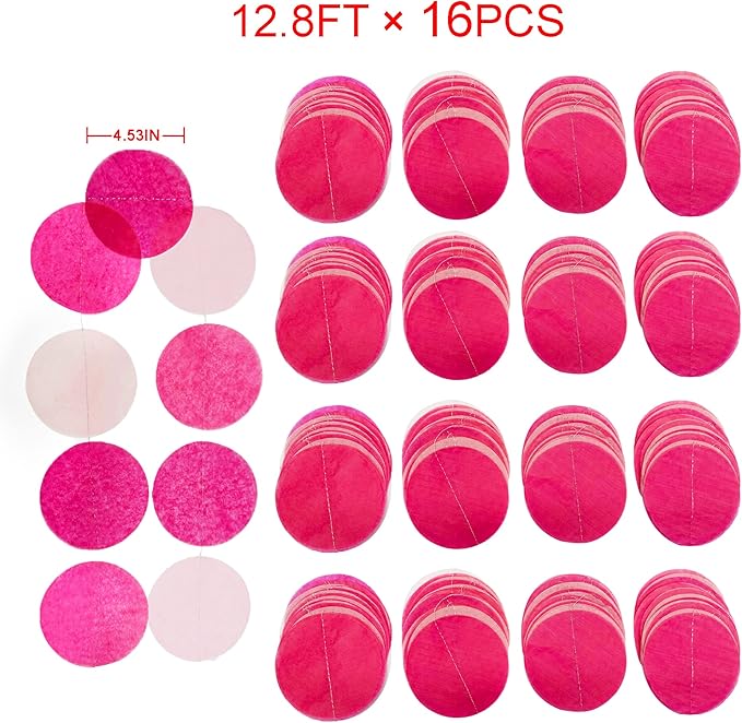 205Ft Hot Pink Party Decorations Big Circle Dots Backdrop Garland Rose Pink Tissue Paper Polka Dots Hanging Curtain Streamer for Birthday Bachelorette Engagement Wedding Bridal Shower Party Supplies