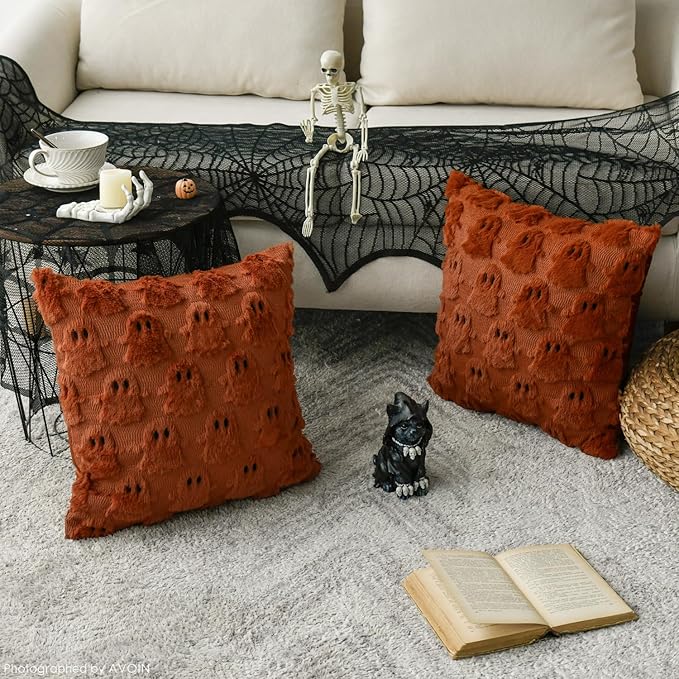 AVOIN colorlife Halloween Ghost Caramel Throw Pillow Cover Set of 2, 20 x 20 Inch Soft Plush Faux Fur Jacquard Spooky Cushion Case Decoration for Sofa Couch