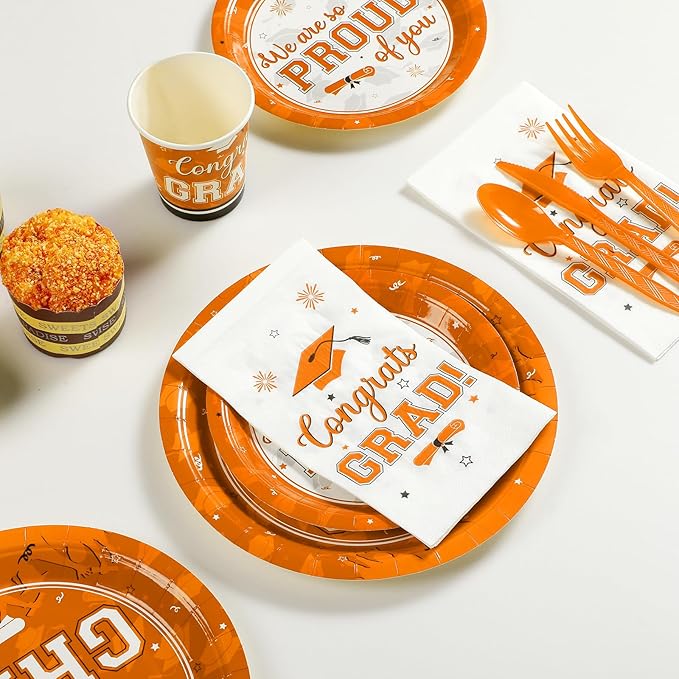 Graduation Party Supplies Congrats Grad Plates and Napkins Set Serve 50,Disposable Tableware Paper Plates Napkins Cups Knives Spoons Forks Straw for Class of 2026 Graduation Party Decorations (Orange)