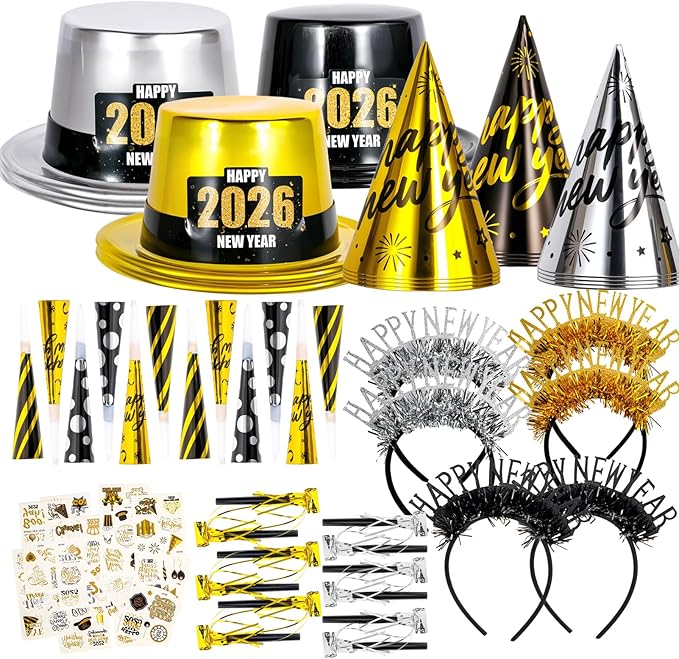 Atonofun 2026 New Years Eve Party Supplies for 24 Guests, 60 Pcs New Year Eve Party Hats and Horns, Headband, Tattoos, Blowouts 2026 New Year Party Favors