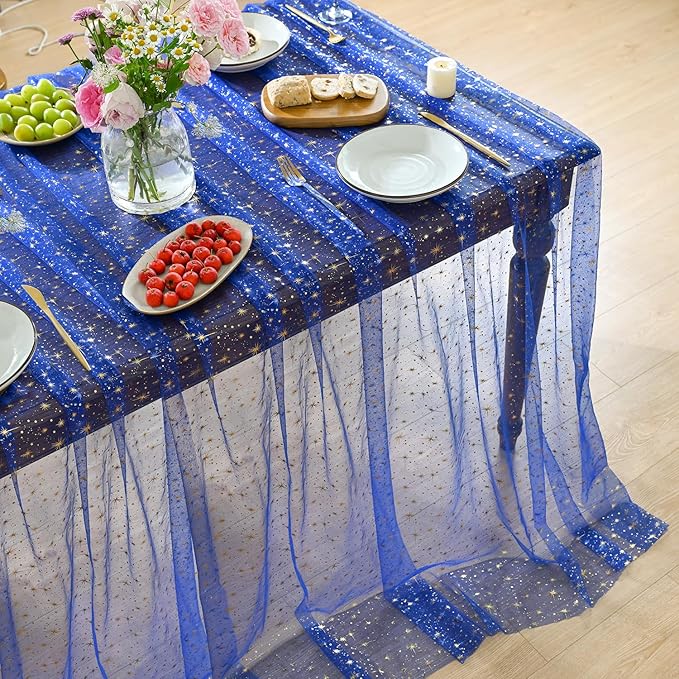 Horaldaily Royal Blue Gold Sparkling Star Gauze Tablecloth 52x70 Inch Rectangular, Golden Star Sequin Glitter Metallic Foil, Sheer Tulle Cheesecloth for Wedding Baby Shower Party