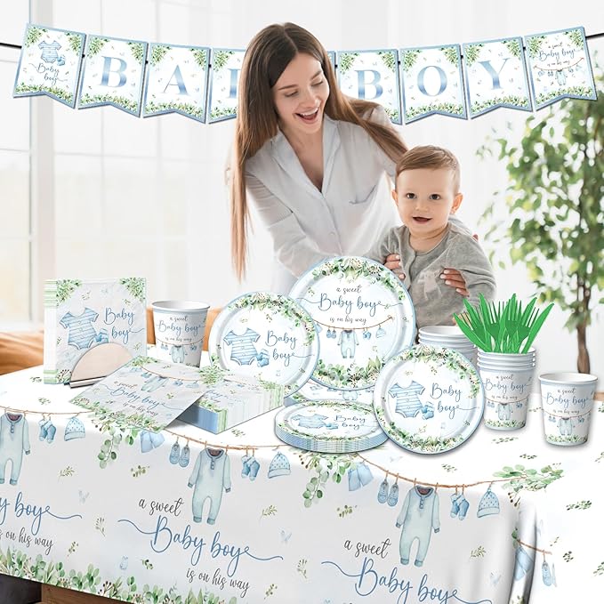 Greenery Baby Shower Tableware Set, Watercolor Blue Boy Plates, Napkins, Cups, Tablecloth for Boy Baby Shower Gender Reveal Supplies