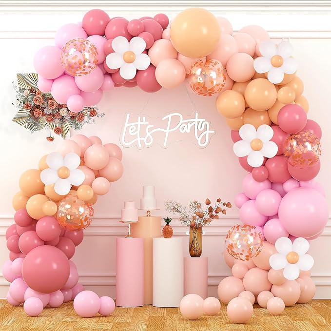 Daisy Balloon Garland Pink Blush Pastel Orange White Balloons with Flower Clips Rose Gold Confetti Balloon Arch Kit for Boho Daisy Baby Shower Party Decorations
