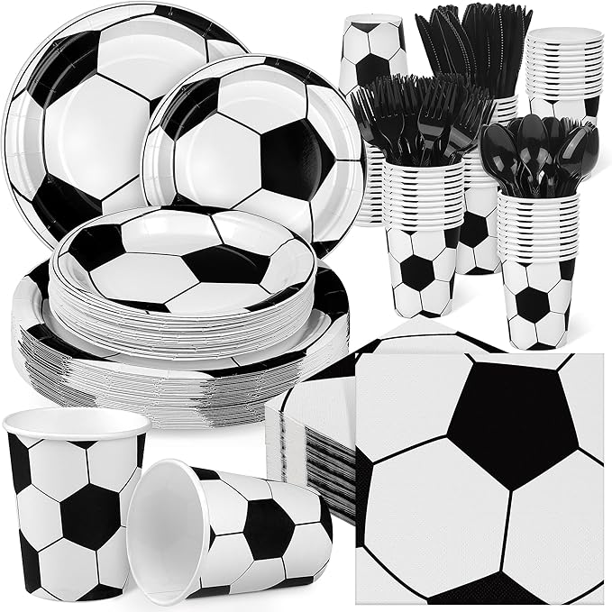 Kochorie 400 Pieces Soccer Disposable Party Tableware Sets Including Plates Cups Napkins Cutlery Serves 50 for Soccer Games Sports Birthday Party Decorations