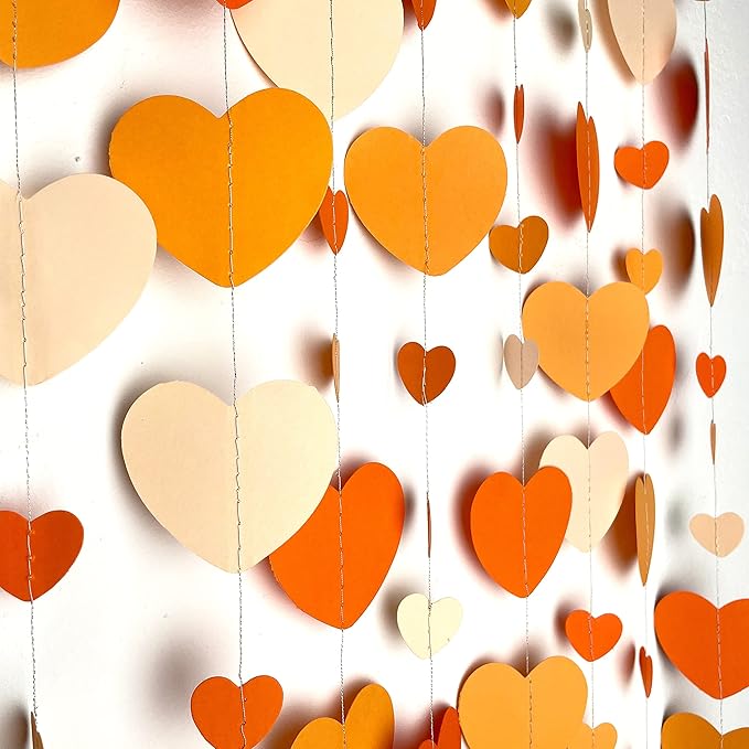 Orange Party Decorations Gradient Orange Heart Garland Hanging Paper Streamer for Fall Autumn Valentines Day Wedding Bridal Shower Birthday Baby Shower Engagement Thanksgiving Harvest Party Supplies