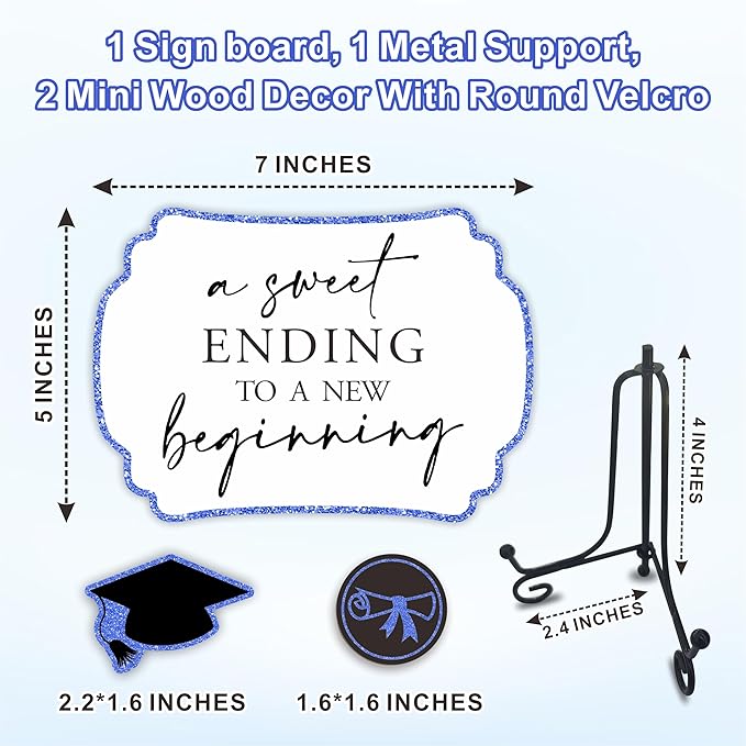 Blue Graduation Wooden Buffet Sign - A Sweet Ending To A New Beginning - 5"X7" Candy Sign With 1 Metal Support，2 DIY Wood Decor With Velcro, Grad Party Decor & Supplies - B07