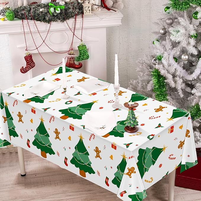 Hxezoc 3 Pack Disposable Plastic Christmas Tree Tablecloth, 54 x 108 Inches Christmas Party Table Cover for Xmas Winter Holiday New Year Home Dinner Decorations