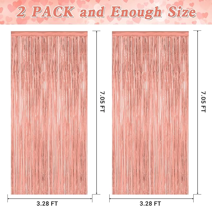 2 Pack Rose Gold Decorations, 3.28 FT x 7.05 FT Rose Gold Fringe Curtains, Metallic Photo Backdrop Tinsel Backdrop Foil Curtains, Metallic Party Supplies Wedding Decor