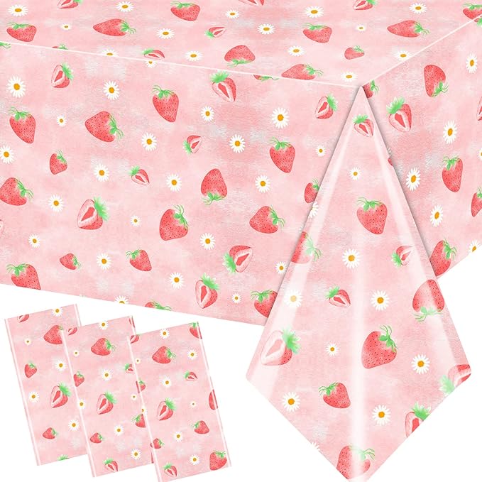 HAKOTI 3Pack Strawberry Table Cloth,Berry First Birthday Decorations Plastic Strawberry Theme Party Decor for Girls Berry Sweet Baby Shower Party Supplies