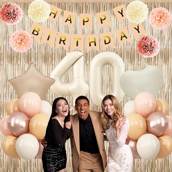 Beige 40th Birthday Decorations for Women Cream Number 40 Balloon Nude Gold Happy Birthday Banner Fringe Curtain Paper Pom Poms Blush White Sand Champagne Star Foil Balloons Neutral Boho Party Decor
