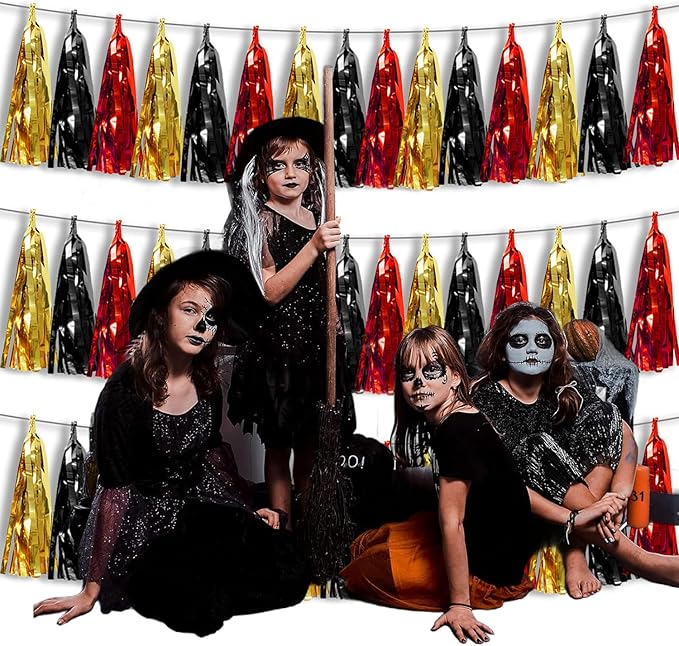 3P Metallic Fringe Banner Garland Foil Tinsel Streamer Wall Hanging Curtain Backdrop Banners for Parade Floats Graduation Decorations, Baby Bridal Shower Party Decoration(Red-Black Gold)