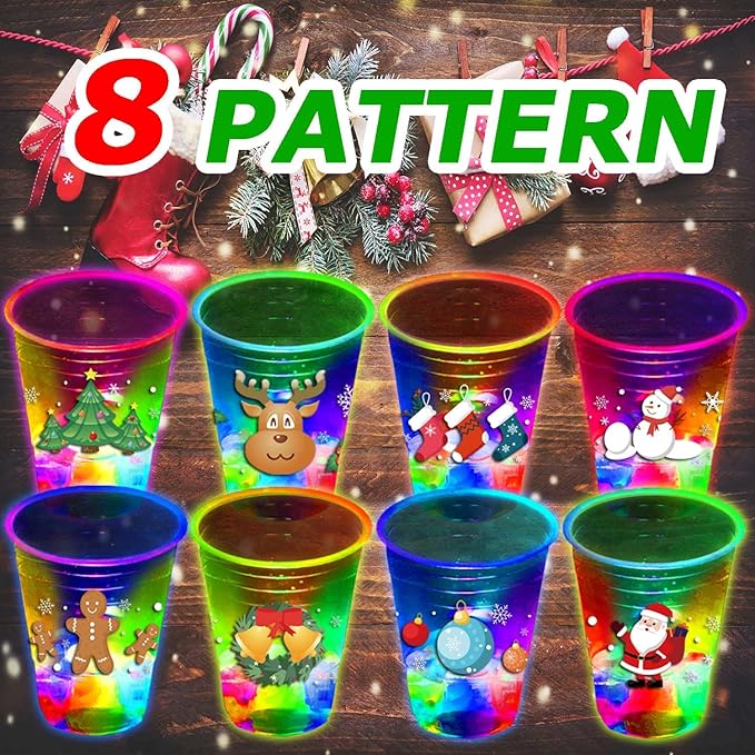 mishunyus 24 Pcs Christmas Party Cups, Glow Christmas Theme Cups, for Holiday Party Supplies, for Nighttime Fun, BBQ, Holiday Decor, with 8 pattern