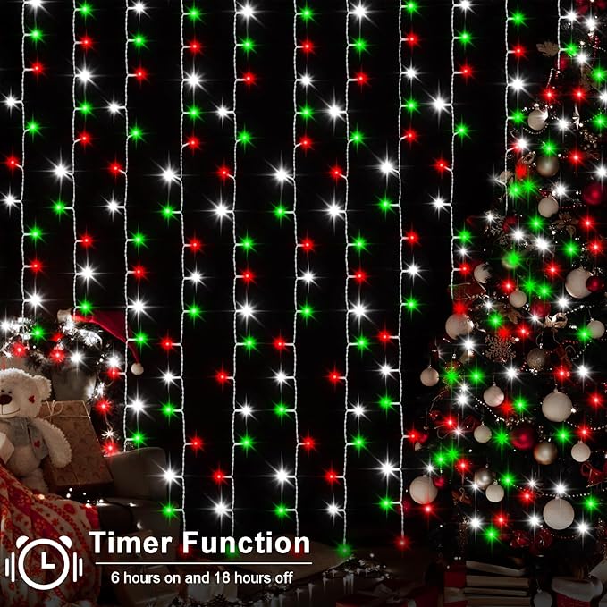 echosari Red White and Green Christmas Curtain Lights Battery Operated, 300 LED Fairy Curtain Lights 9.8Ft x 9.8Ft Hanging Lights with Remote Timer for Party Holiday Garden Yard Decor