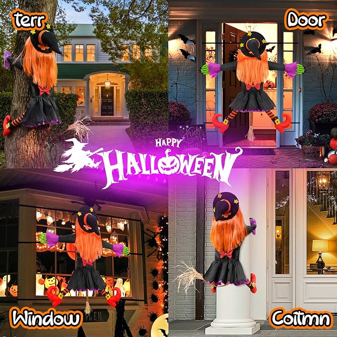 Large Crashing Witch Decor(55'' H), Halloween Decorations Clearance Outdoor Witch Props Ornaments, Hanging into Tree/Porch Pole/Door/Yard, with Adjustable Band, Outside Garden Funny Witches Crashed