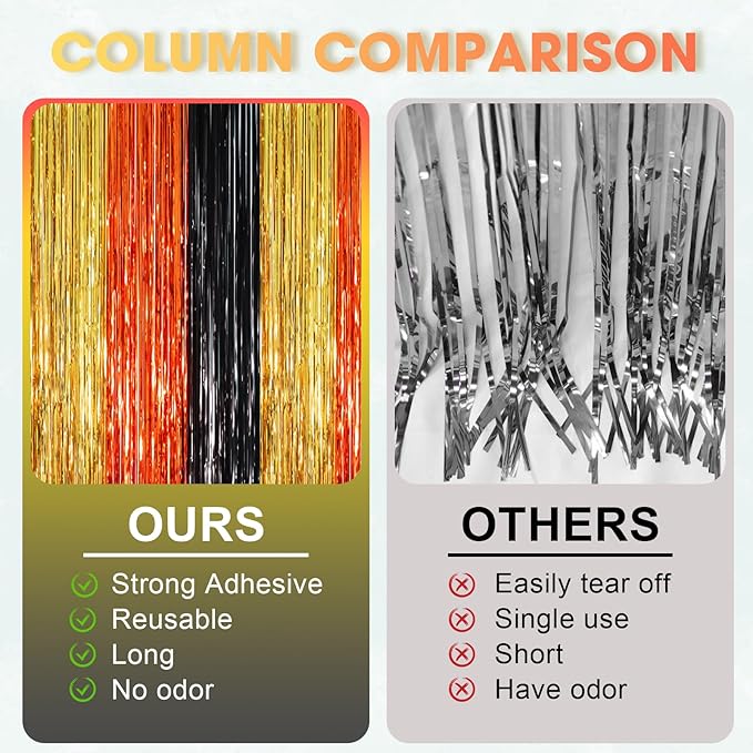 2 Pack Black Gold Orange Foil Fringe Backdrop Curtains, Tinsel Streamers Party Decorations, Fringe Backdrop, Door Shimmer for Construction or Birthday Party