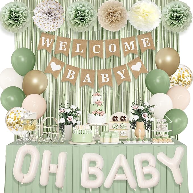 Ouddy Party Sage Green Baby Shower Decorations for Baby, Green Balloons with WELCOME BABY Banner Fringe Curtains Foil Balloons Paper Flower for Boho Baby Shower Birthday Gender Reveal Party Supplies
