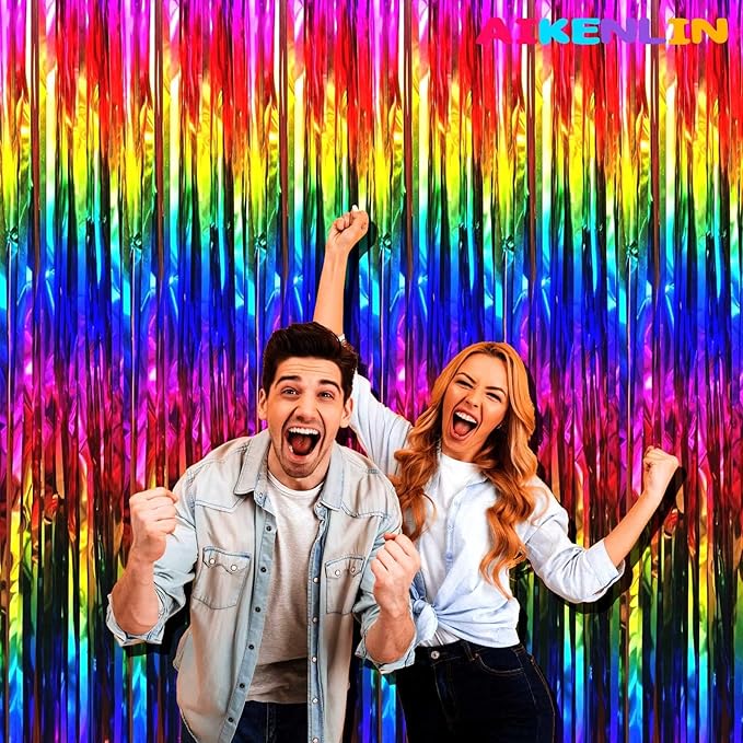 4 Pack 3.3Ft x 6.6Ft Rainbow Foil Fringe Curtain Backdrop, Colorful Metallic Tinsel Foil Fringe Streamers Curtains Background for Photo Booth, Birthday, Wedding, Valentine's Day Party Decoration