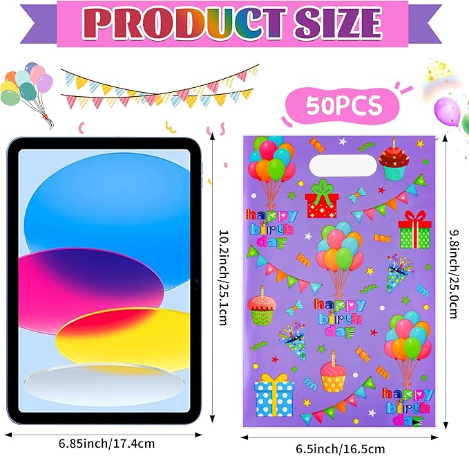 ZYLOP Birthday Party Favor Bags 50 Pcs - Plastic Happy Birthday Goodie Loot Gift Bags for Kids Girls & Boys Birthdays Party Supplies, Packaging Candy Treat Toys and Party Favors (6.5 x 9.8 Inches)