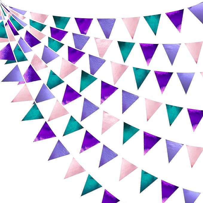 Mermaid Party Decorations Purple Pink and Teal Aqua Metallic Fabric Triangle Pennant Banner Flag Bunting Garland for Mermaid Under the Sea Birthday Wedding Baby Shower Engagement Party Supplies