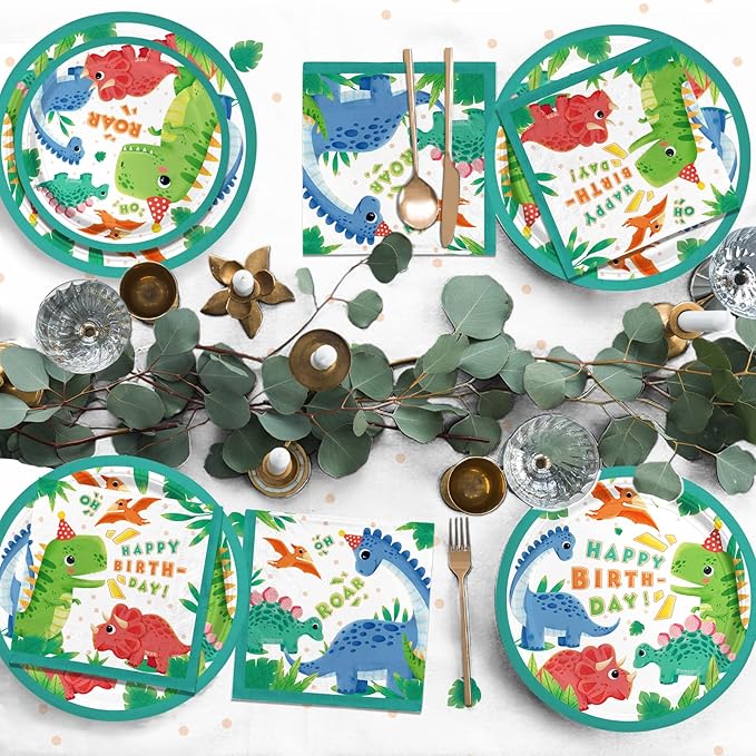 Dinosaur Birthday Party Supplies Disposable Paper Plates Napkins Cups Tablecloth and Banner for Dinosaur Party Decorations Serve 25