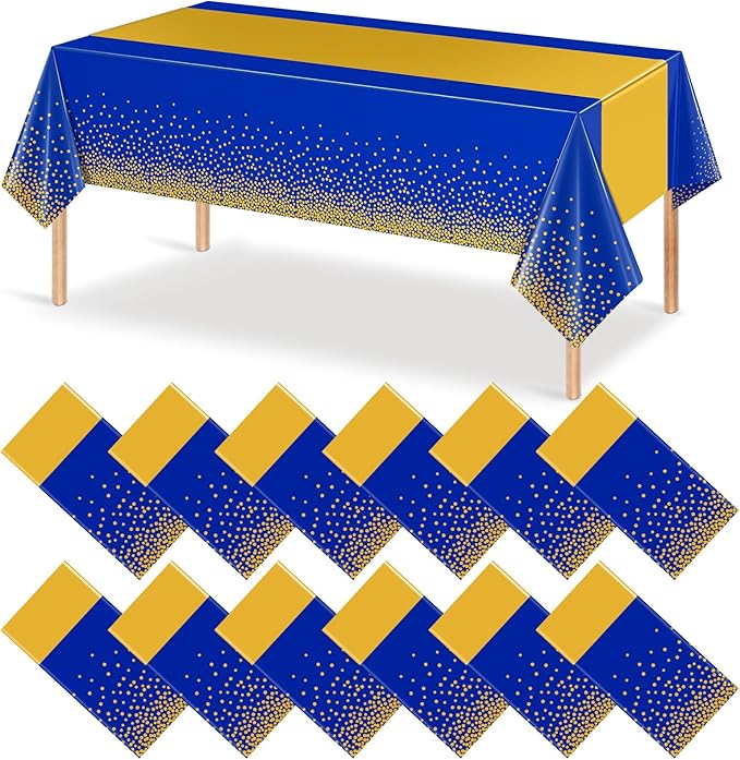 12Pcs Blue Gold Tablecloth Party Decorations,Plastic Royal Blue Table Cloth Printed Gold Tables Runner Disposable Rectangle Table Cover for Birthday Anniversary Wedding Graduation Party,54 x108 Inch