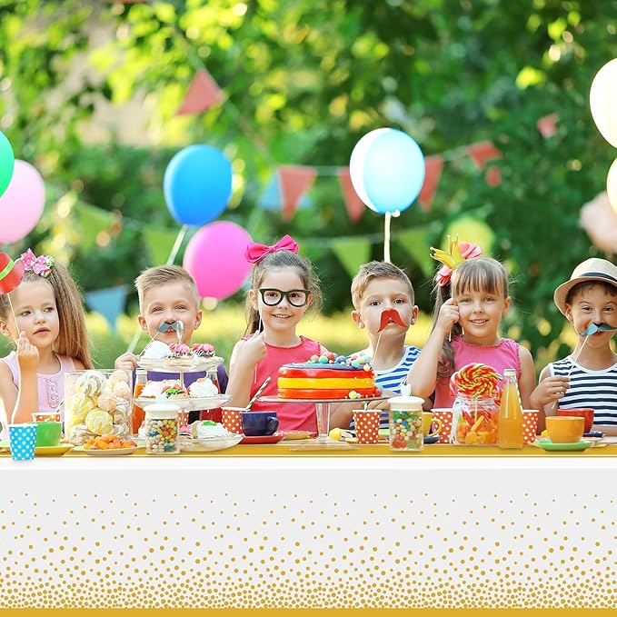 12 Pack White and Gold Tablecloth Party Decorations Plastic White Tablecloth Printed Gold Table Runner 54 x108 Inch Disposable Rectangle Table Cover for Birthday Wedding Graduation