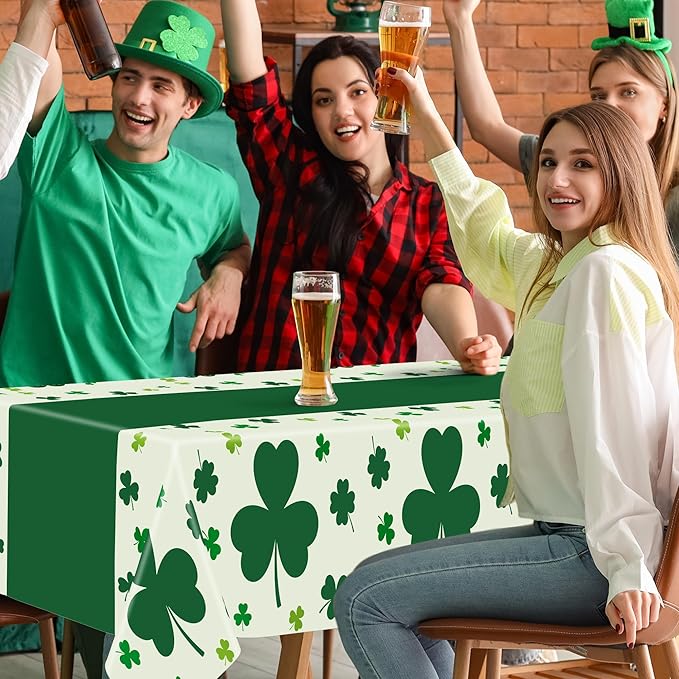 QZYL 3 Pack St Patricks Day Decorations, 108" X 54" St Patricks Day Tablecloth, Disposable Plastic Shamrock Green Tablecloths Grass Table Cover, Irish Holiday Table Cloth for Shamrock Party Supplies