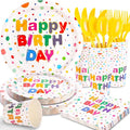 176PCS Happy Birthday Party Supplies, Happy Birthday Plates Serves 25, Includes Birthday Plates and Napkins, Cups,Yellow Cutlery and Happy Birthday Banner for Happy Birthday Party Decorations, 9inch