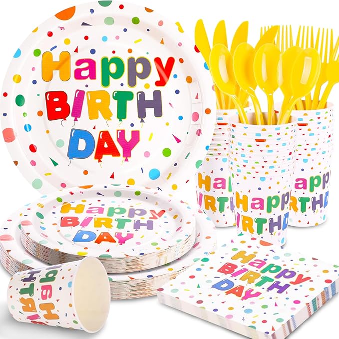 176PCS Happy Birthday Party Supplies, Happy Birthday Plates Serves 25, Includes Birthday Plates and Napkins, Cups,Yellow Cutlery and Happy Birthday Banner for Happy Birthday Party Decorations, 9inch