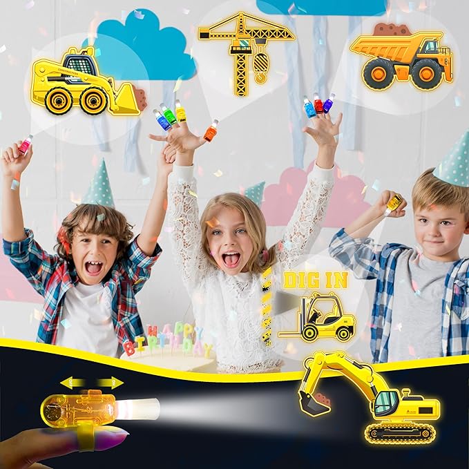 24PCS Construction Party Favors-LED Finger Lights：Glow-in-the-Dark Light-Up Toys Bulk for Kids Boys Girls,Construction themed Party Decorations Supplies, Party Goodie Bags, Classroom Prizes, Fun Gifts