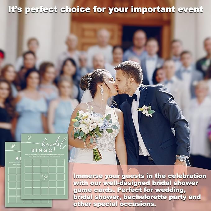 Bridal Bingo Game Cards, Sea Green Bridal Shower Games, 30 Elegant Wedding Game for Bachelorette Engagement Party Reception Supplies - A15