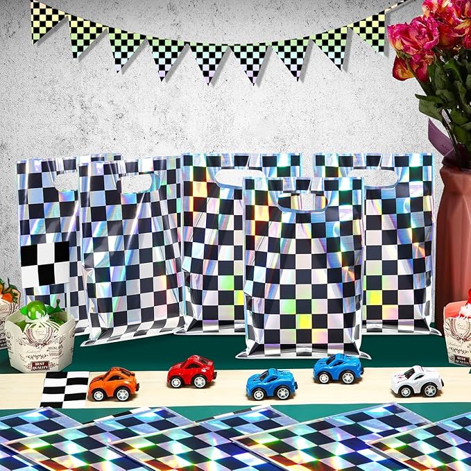 FunnyPars 50 Pcs Iridescent Checkered Race Car Party Favor Bags, Plastic Black and Iridescent Car Goodie Treat Bags, Racecar Laser Plaid Gift Bags for Kids Fast Race Car Birthday Party Decorations