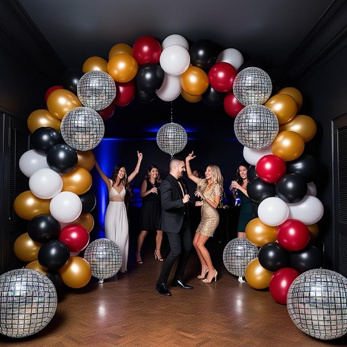 Inflatable Disco Ball Balloons Pack of 14 - 22” Silver Mylar Foil Disco Party Balloons with Star Balloons, Ribbon & Pipe for New Year's Disco Ball Decorations Party, Bachelorette, Birthday Décor