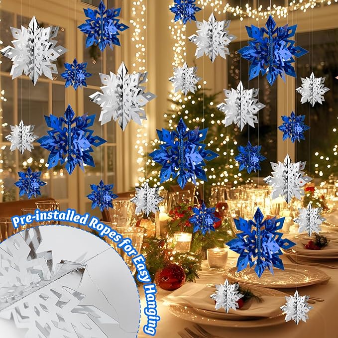 OuMuaMua Winter Christmas Snowflake Decorations Indoor, 24PCS 3D Silver Blue Snowflakes Christmas Hanging Ornaments for Home Xmas Xmas Holiday Winter Wonderland New Year Party Decor Supplies