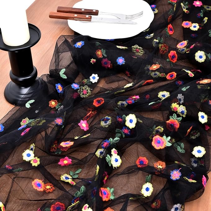 Joanlody Black Embroidery Daisy Spring Summer Table Runner 10ft Florals Seasonal Easter Tulle Table Runner Holiday Kitchen Dining Table Decoration for Home Party Indoor