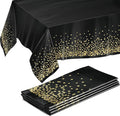 Prestee 4 Pack Gold and Black Table Cloth Rectangle Table Covers 54 x 108 Inches - Plastic Table Cloth Disposable for Parties, Dining and Events - Black Tablecloths for Weddings and Celebrations