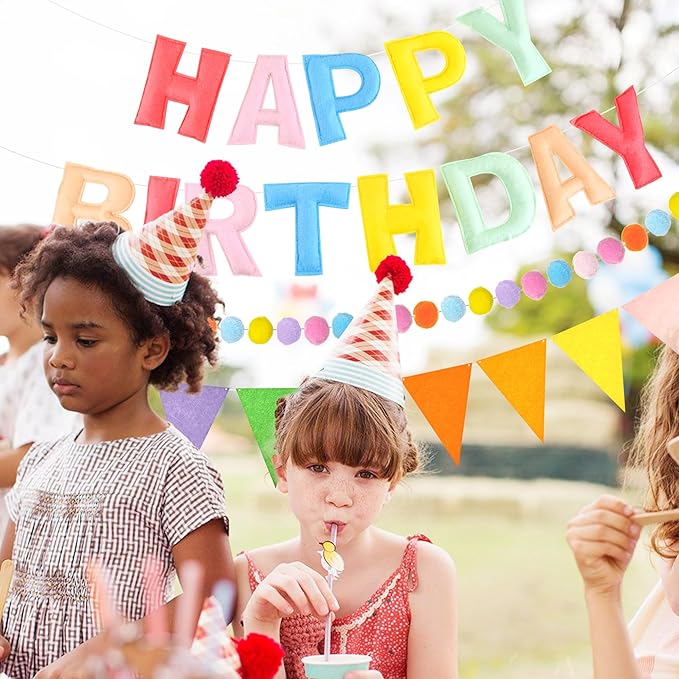 CANREVEL Pre-Strung 3D Happy Birthday Banner, 3 PCS Happy Birthday Felt Garland, Pom Pom Garland, Triangle Fabric Garland Bunting, Reusable Birthday Decorations for Women Men Girls Boys, Pastel