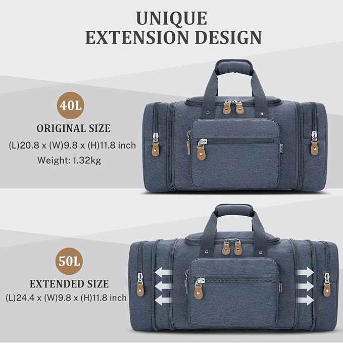 Gonex Canvas Duffle Bag for Travel 50L Expandable Duffel Weekend Overnight Bag (Denim Blue)