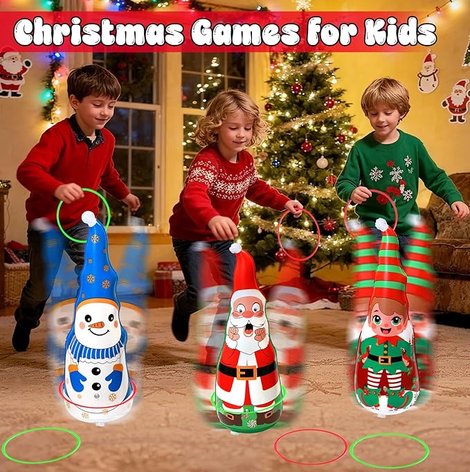 Christmas Games Gifts for Kids Family, Christmas Inflatable Santa, Snowman & Elf Ring Toss Game Set, Office Party Favors Supplies, Indoor Outdoor Carnival Party Decorations Toys