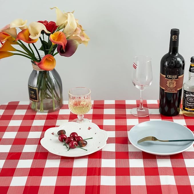 Kesfey Red and White Checkered Tablecloths 3 Packs Red Gingham Plastic Table Cloths 54 X 108 Inches Disposable Waterproof Party Picnic Table Covers Rectangle Checkered Tablecover for Birthday Decor