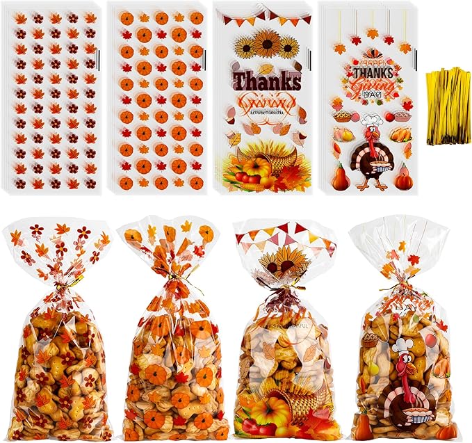 Thanksgiving Treat Bags, 100PCS Thanksgiving Goodie Bags with Twist Ties, Thanksgiving Gift Bags Plastic Candy Bags Cellophane Treat Bags Party Favor Bags Cookie Bags Fall Pumpkin Maple Leaves Bulk