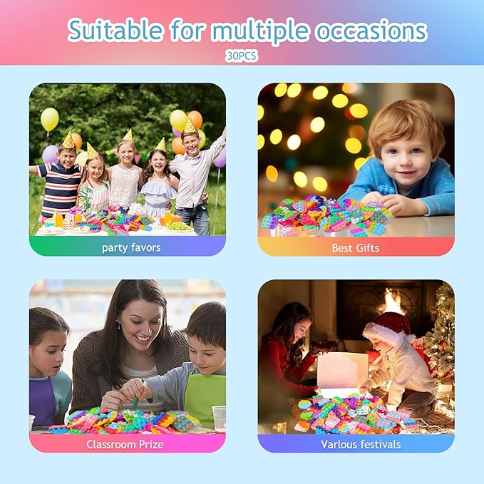 30PCS Bulk Fidget Toys, Party Favors for Kids, Birthday Party Toys, Small Classroom Prizes Box Fidgets Toys for Kids Toddlers Adult, Goodie Bag Stuffers, Treasure Chest, Bubbles Poppers,Relieve Stress