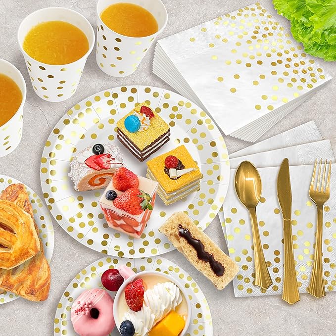 AIRE 175PCS White and Gold Paper Plates Party Supplies for 25 Guests Party Decorations Disposable Dinnerware Paper Plates Cups Napkins Gold Plastic Forks Knives Spoons for Wedding Birthday Graduation