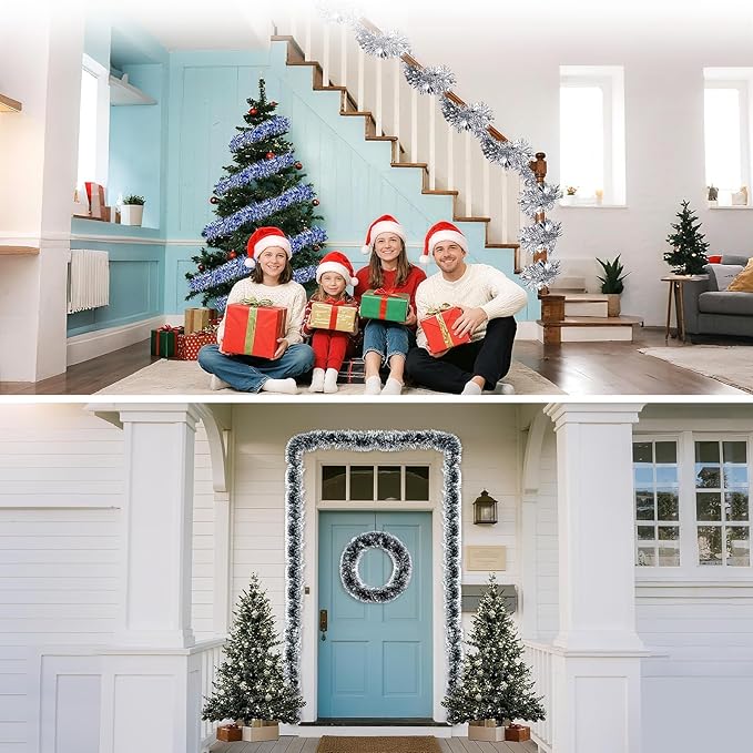 39.5 Ft Christmas Tinsel Garland, Reusable Holiday Metallic Christmas Tree Garland Decoration for Xmas, Wedding, Birthday, Home Party Decor (Silver)
