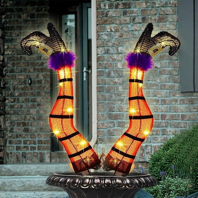 Juegoal Set of 2 Halloween Lighted Wicked Orange Witch Legs with Stakes, 22" Light Up Tinsel Halloween Yard Sign Prop Timer & 8 Modes, Battery Operated for Outdoor Party Haunted House Garden Decor