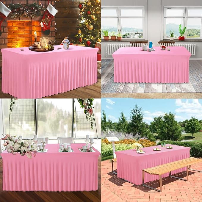 Table Skirts for Rectangle Tables 8ft - 2 Pack One-Piece Pink Tablecloths and Skirt, Wrinkle Resistant Ruffles Elastic Cover for Banquets, Weddings, Events, Parties