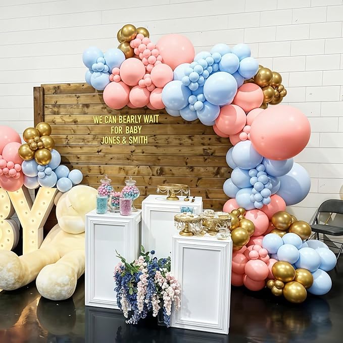 Gender Reveal Balloon Arch Garland Kit, Dusty Pink and Blue Balloons Metallic Gold Sand White Balloons for Gender Reveal Boho Bachelorette Birthday Baby Shower Bridal Bear Theme Party Decorations