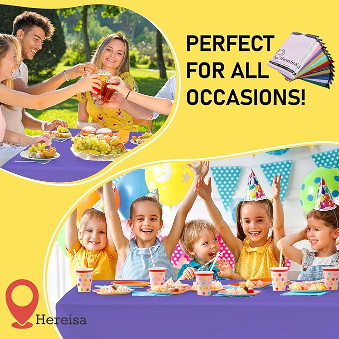 Premium Disposable Table Cloth - 12 Pack, 54 x 108 Inch Table Cloths for Parties, Decorative Tablecloths for Rectangle Tables, Purple Plastic Table Cover, Leakproof & Sturdy, Purple