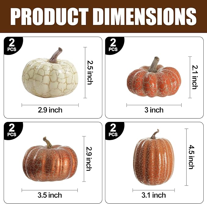 Artgar Pumpkin Decor, 8 PCS Halloween Pumpkin, Metal Cracked Design Foam Pumpkins for Halloween Thanksgiving Fall Home Table Indoor Outdoor Decorations