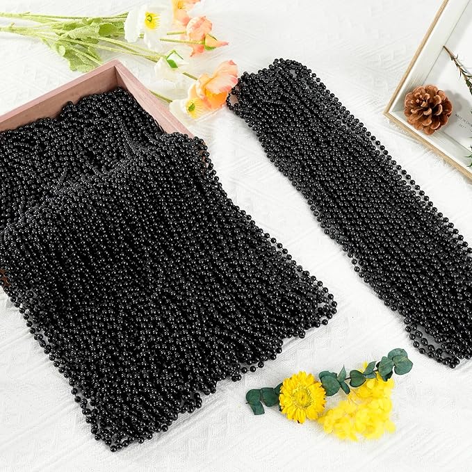 50 PCS Black Bead Necklaces, Black Mardi Gras Beads, New Year Eve Necklaces, 33 Inch Round Halloween Beaded Necklace, Party Beads for Mardi Gras, Christmas, Halloween, New Year Party Favors